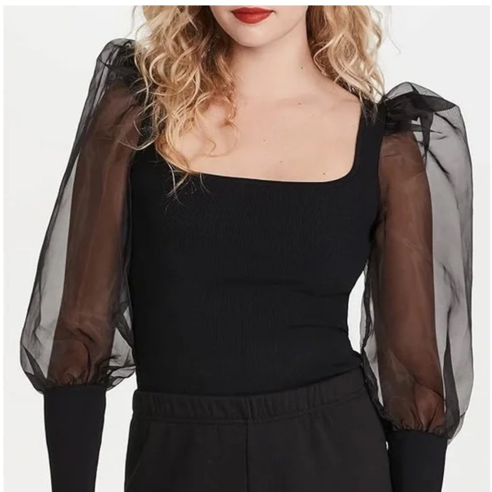 Alice + Olivia Black Sheer Puff Sleeve Square Neck Top